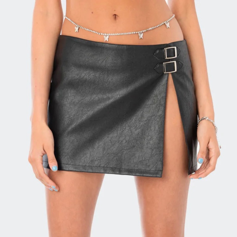 High Slit Leather Mini Skirt